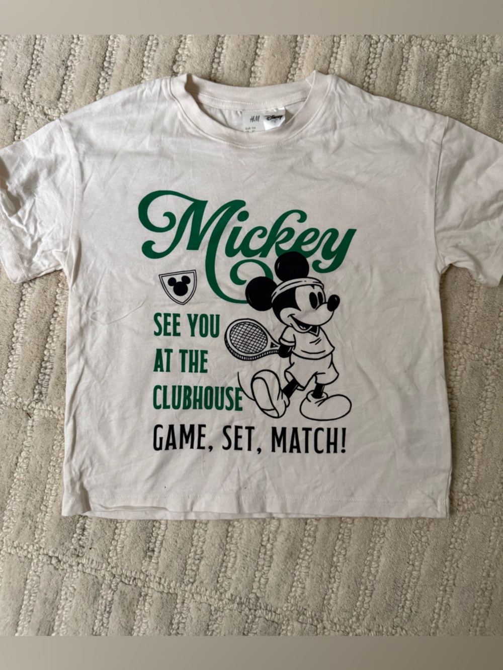 H&M White Tee with Green & Black Mickey Tennis Graphic